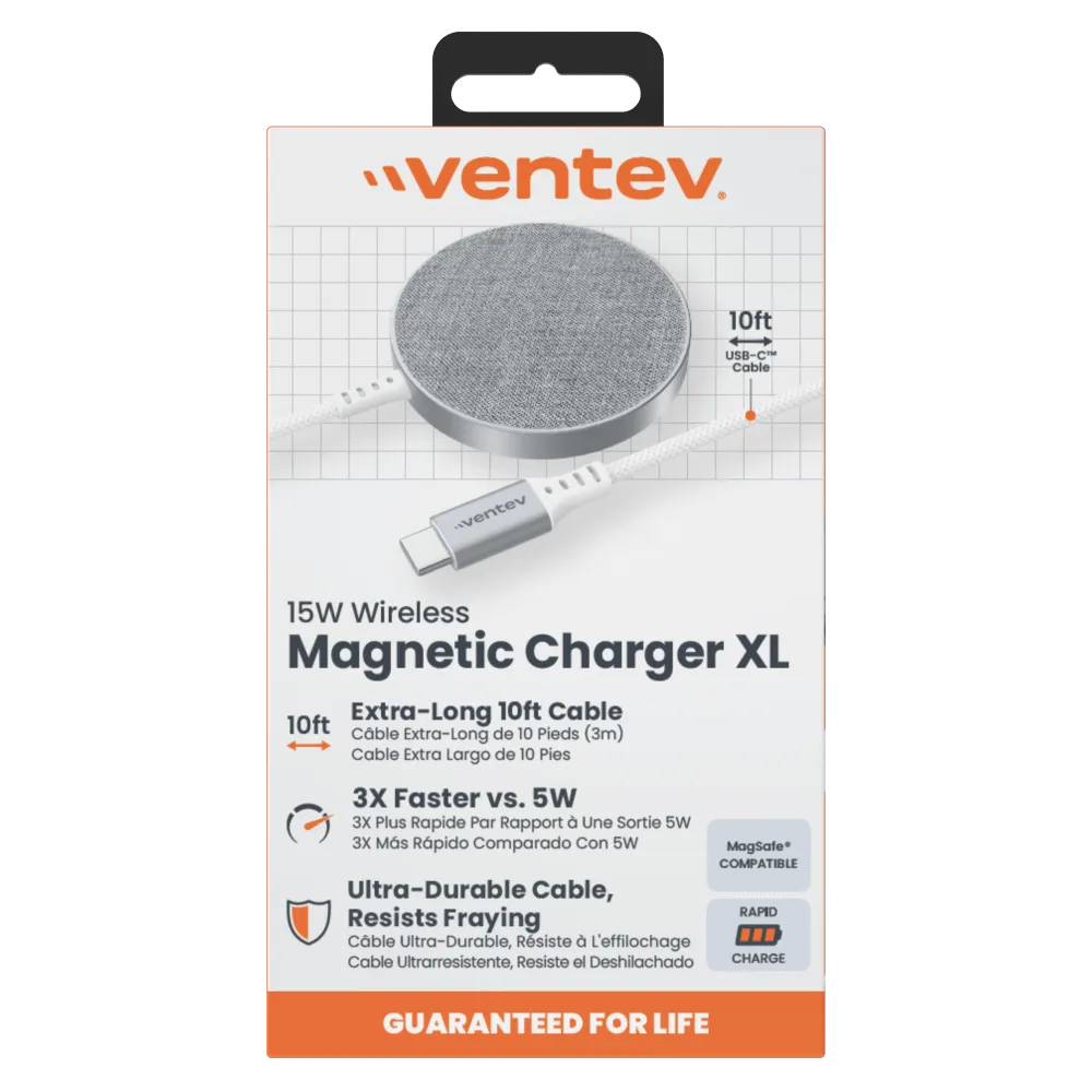 Ventev 15W ULTRAFAST Wireless Magnetic Charger with Extra-Long 10 Foot Alloy Cable Silver by Ventev