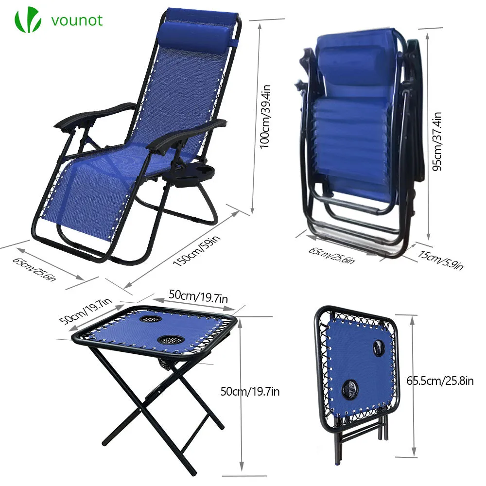 VOUNOT Set of 2 Zero Gravity Chair and Matching Table, Reclining Sun Loungers with Cup & Phone Holder, Blue