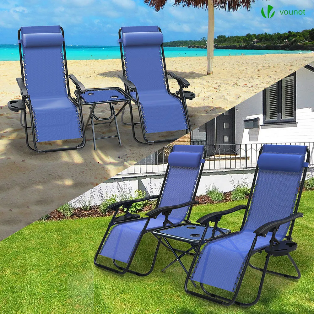 VOUNOT Set of 2 Zero Gravity Chair and Matching Table, Reclining Sun Loungers with Cup & Phone Holder, Blue