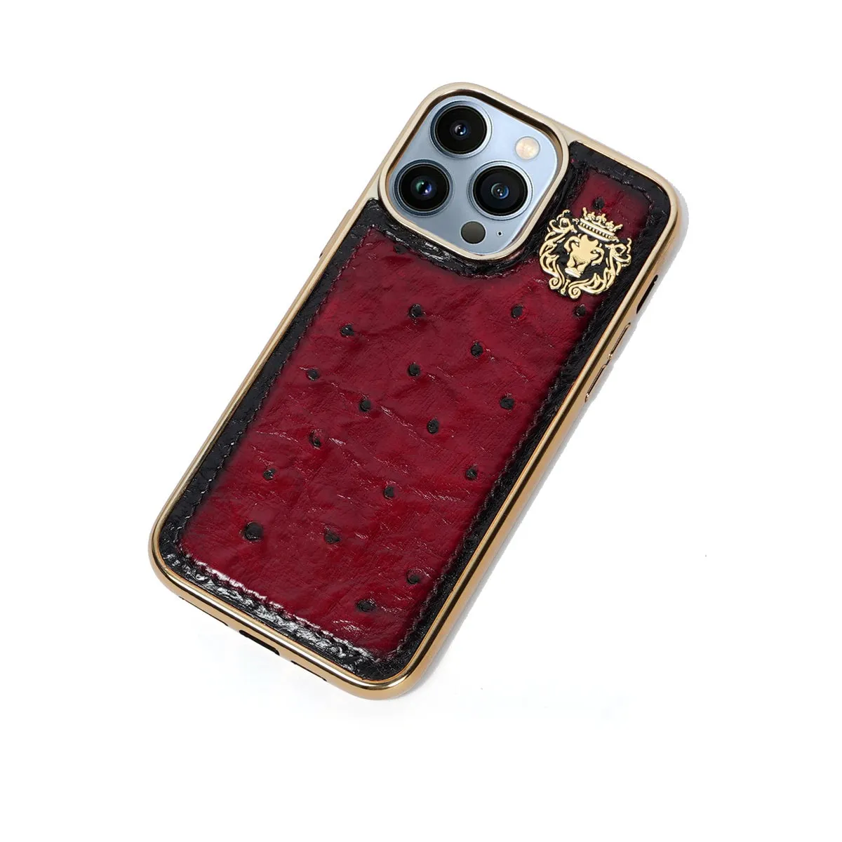 Wine Golden Rim Mobile Cover In Exotic Real Ostrich Leather with Metal Lion