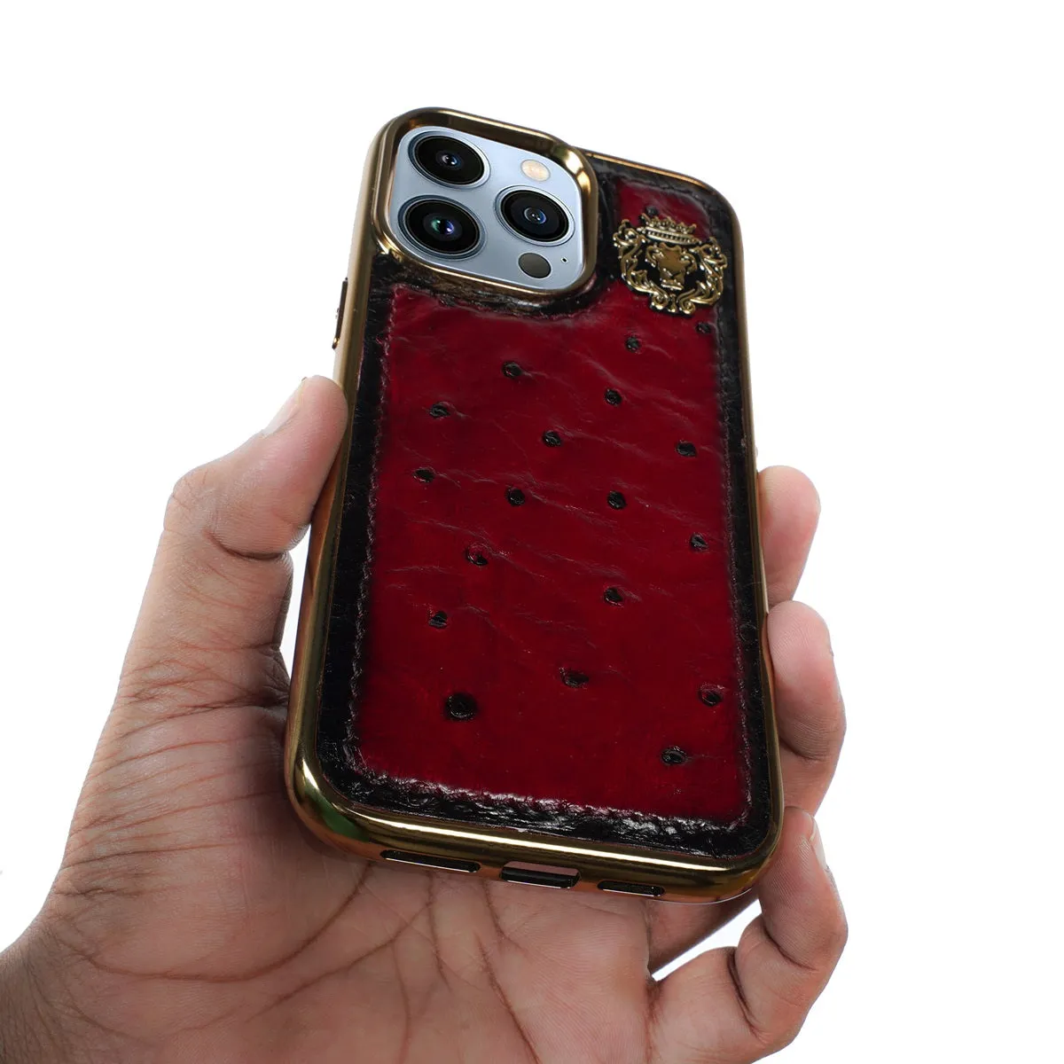 Wine Golden Rim Mobile Cover In Exotic Real Ostrich Leather with Metal Lion