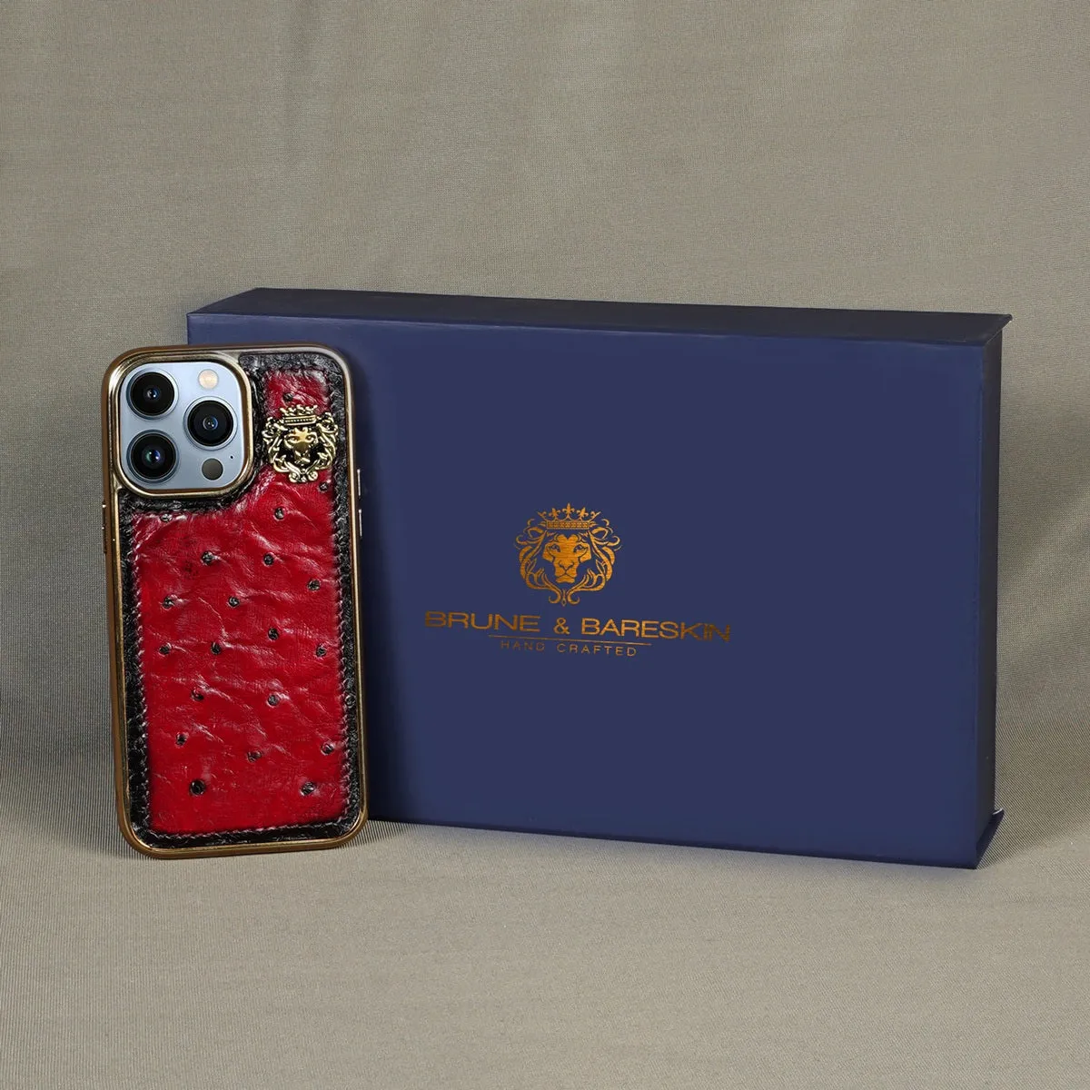 Wine Golden Rim Mobile Cover In Exotic Real Ostrich Leather with Metal Lion