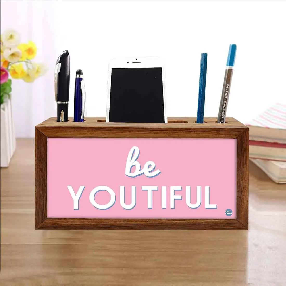 Wood desk organizer Pen Mobile Stand - Be Youtiful Pink